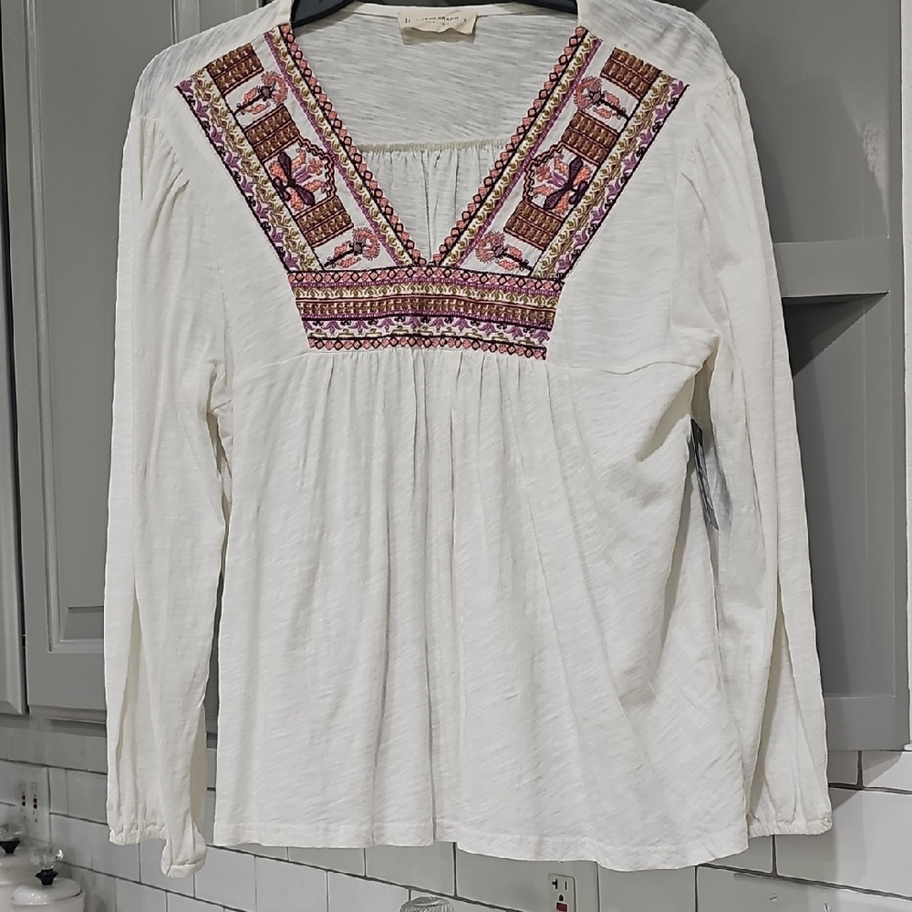 Lucky Brand Ivory Blouse with Purple Embroidery